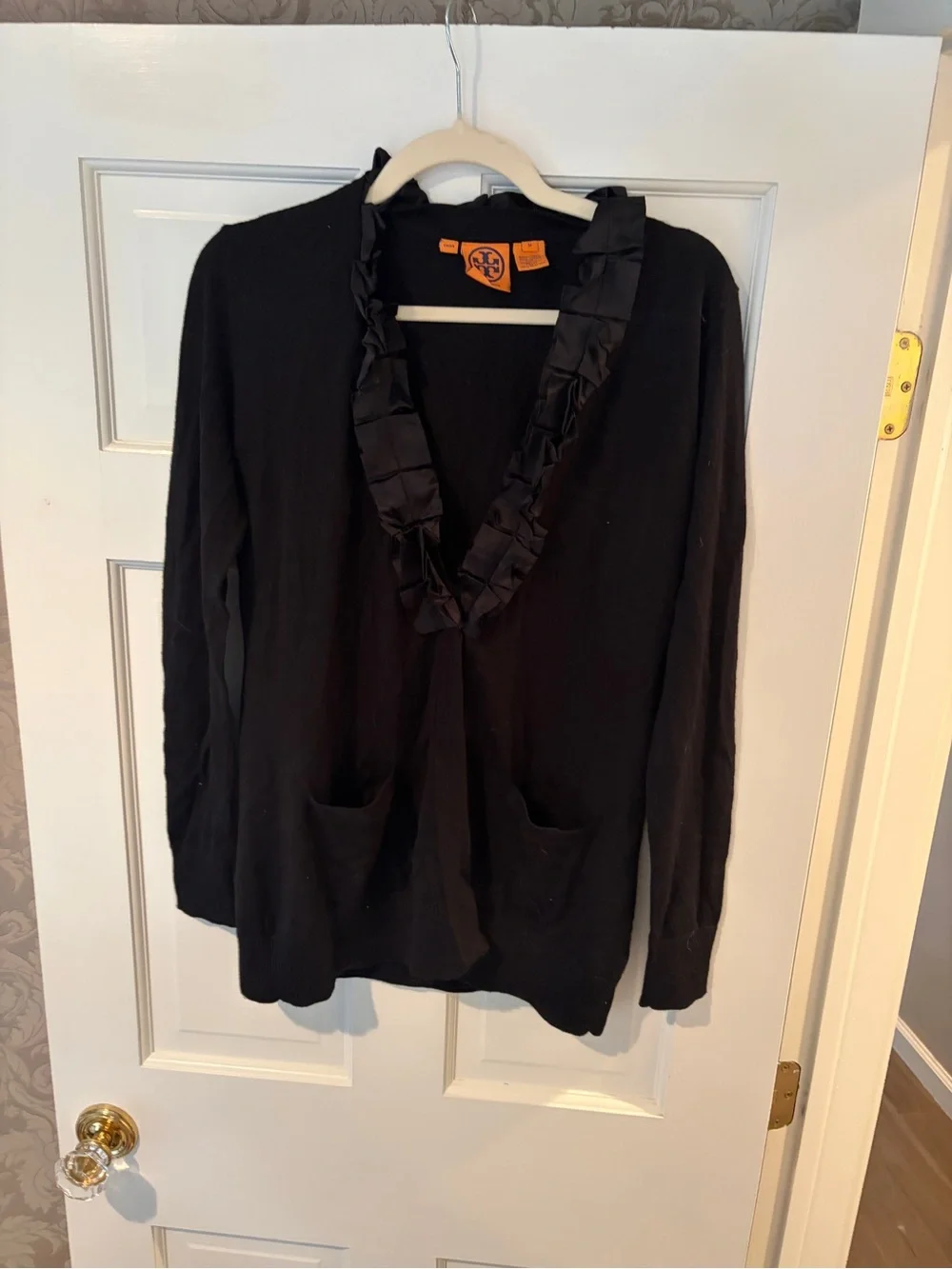 Black Ruffle-Trim V-Neck Women's Sweater cardigan wool tory burch m